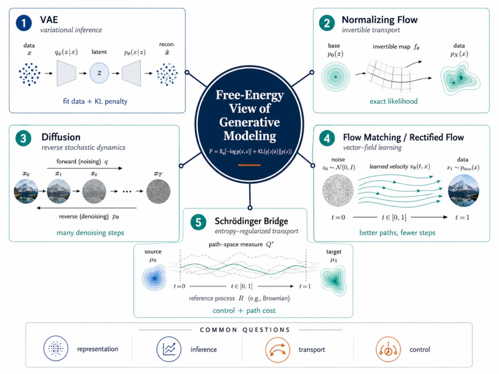 A free-energy map of several continuous generative model families: VAEs, normalizing flows, diffusion models, flow matching, rectified flow, and Schrödinger bridges.