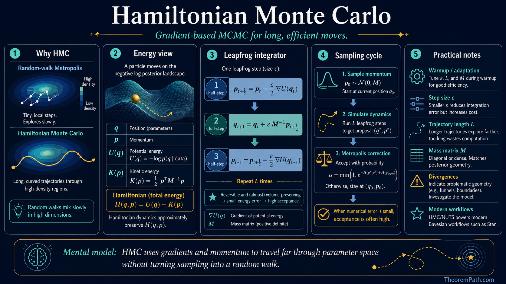 Five-section infographic on Hamiltonian Monte Carlo: (1) why HMC beats random-walk Metropolis, taking long curved trajectories instead of tiny local steps; (2) energy view of HMC moving on the negative log posterior surface, with potential energy U(q) and kinetic energy K(p); (3) the leapfrog integrator with explicit half-step / full-step / half-step formulas; (4) the sampling cycle: sample momentum, simulate dynamics, Metropolis correction; (5) practical notes on warmup adaptation, step size, trajectory length, mass matrix, divergences, and modern HMC/NUTS workflows.