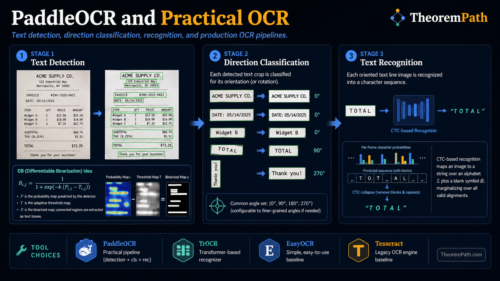 Infographic on the PaddleOCR pipeline: text detection (DB or PSE network), text-line orientation classifier, and recognition (CRNN or attention decoder). Shows the typical operational flow, language coverage, and where each stage fails (low-contrast text, vertical text, fine-print).