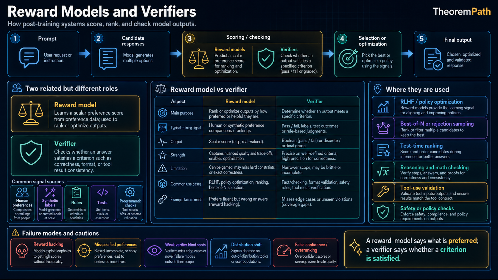 Infographic titled 'Reward Models and Verifiers'. Top row shows a five-step pipeline: (1) Prompt: user request or instruction; (2) Candidate responses: model generates multiple outputs; (3) Scoring or checking via Reward models (predict scalar preference score for ranking and optimization) or Verifiers (check whether an output satisfies a specified criterion, pass or fail or graded); (4) Selection or optimization: pick the best or optimize a policy using the signals; (5) Final output: chosen, optimized, and validated response. Two related but different roles panel: Reward model learns a scalar preference score from preference data used to rank or optimize outputs (common signal sources: human preferences, comparisons or rankings, synthetic labels, rules); Verifier checks whether an answer satisfies a correctness criterion (correctness, format, or tool result accuracy; common signal sources: tests, unit tests, APIs, in-domain validators, programmatic checks). Reward model vs verifier comparison table across main purpose (rank or optimize outputs by preference vs determine whether an output meets a specific criterion), typical training data (human or synthetic preference comparisons or rankings vs pass/fail labels test outcomes or rule-based judgments), output (scalar score vs Boolean or categorical pass/fail or possibly graded), strength (captures nuanced quality and trade-offs enables optimization vs gives precise verifiable signals high precision for correctness), limitation (can be gamed may miss hard constraints or exact correctness vs not well-defined criteria high precision for correctness only may be brittle or depend on coverage), common use cases (RLHF, policy optimization, ranking, best-of-N selection vs fact-checking, format validation, safety rules, tool-result verification). Where they are used: RLHF / policy optimization, best-of-N or rejection sampling, test-time ranking, reasoning and math checking, tool-use validation, safety or policy checks. Failure modes and cautions: reward hacking, misspecified preferences, weak verifier blind spots, distribution drift, false confidence or overranking. Closing line: 'A reward model says what is preferred; a verifier says whether a criterion is satisfied.'