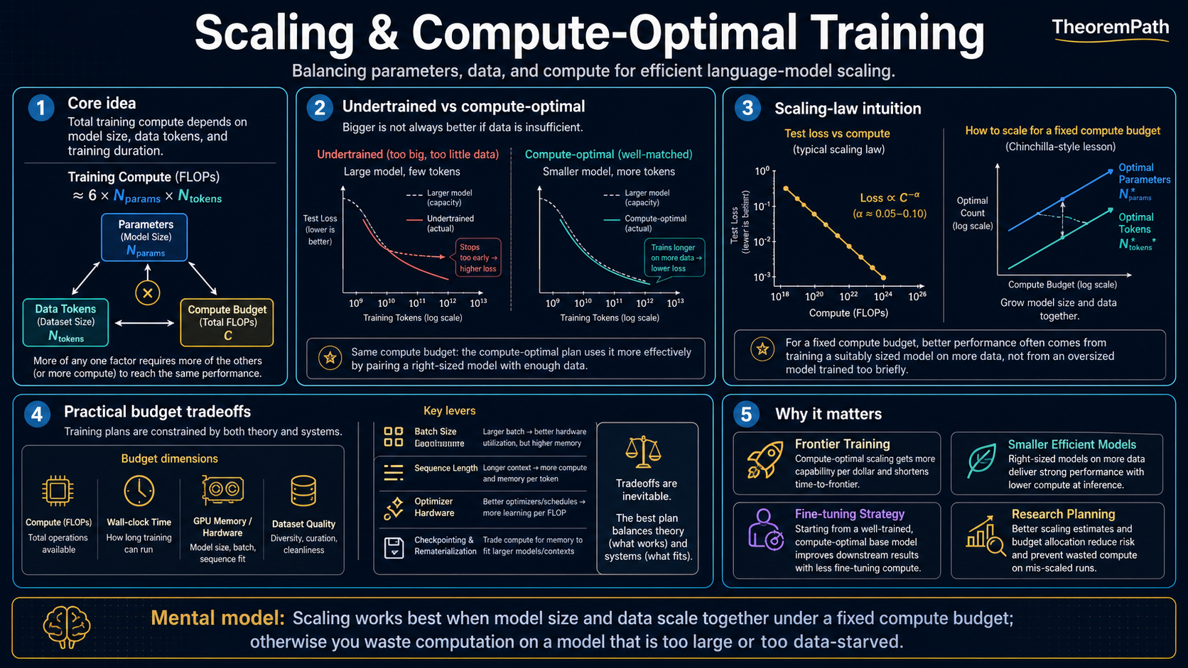 Five-panel infographic on scaling and compute-optimal training: training compute as parameters x tokens (FLOPs ~ 6 N P), undertrained vs compute-optimal vs over-trained regimes (Chinchilla framing), scaling-law intuition with the Chinchilla-style optimal frontier and 'loss = a + b/C^c', practical budget tradeoffs (compute, wall-clock, GPU memory, dataset quality), and why this matters (frontier training, smaller efficient models, fine-tuning strategy, research planning).